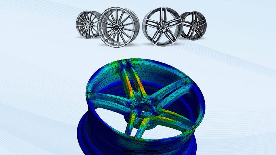 Collage d'images avec des jantes du portefeuille de Brock Alloy Wheels GmbH (ci-dessus) et un résultat de simulation typique (ci-dessous).