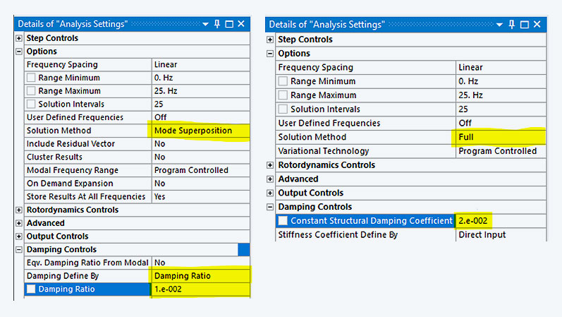 Analysis Settings with Damping Controls for MSUP (left) and FULL (right)
