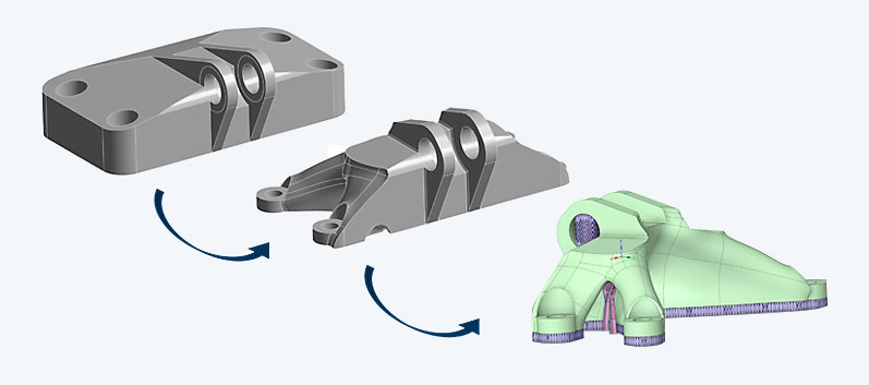 From original bracket before topology optimization to topology optimized bracket with AM overhang constraint to part with a variety of support types.