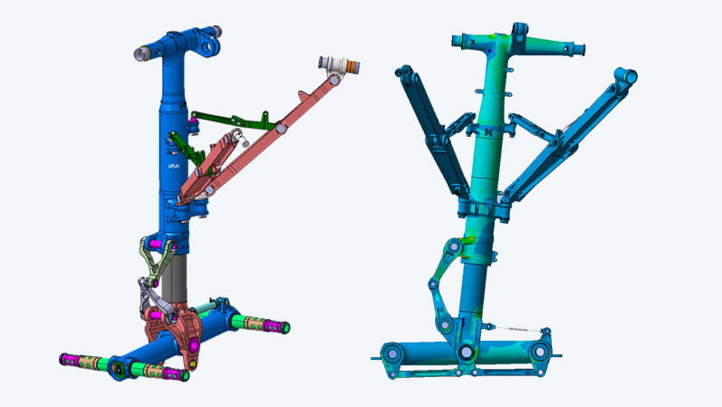 Model and simulation result of a landing gear from Liebherr-Aerospace, which contains a great deal of information such as contacts between components, deformations and complex material behavior.