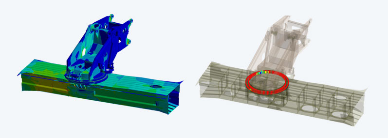 Gekoppelte strukturmechanische Simulation der Drehbühne und der Drehwälzlager mit dem Unterwagen in Ansys sowie genauer Blick auf die Schraubenbelastungen in der Drehverbindung.
