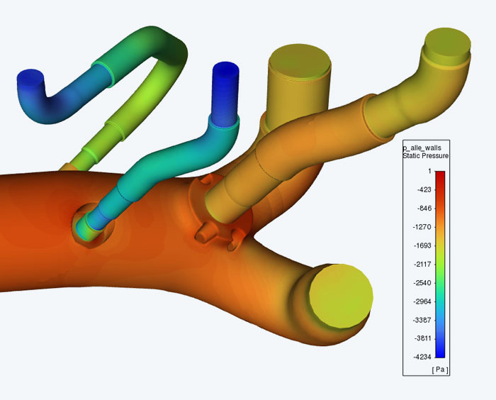 Simulation of the static pressure in the suction pipe system of a mobile crane. The result is the starting point for an optimization.  