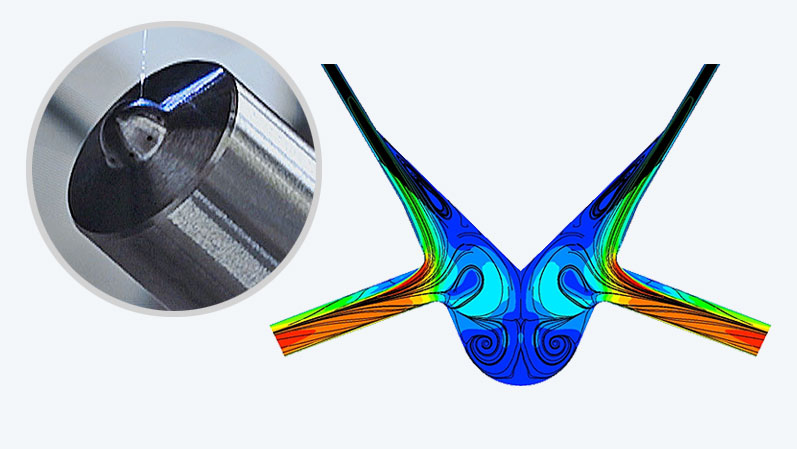CFD simulation for a standard nozzle, here the velocity field overlaid with streamlines