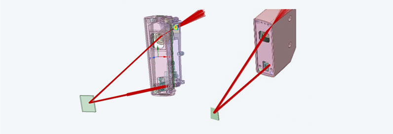 Ansys Speos est utilisé pour simuler les trajectoires modifiées des faisceaux et le signal sur le détecteur.
