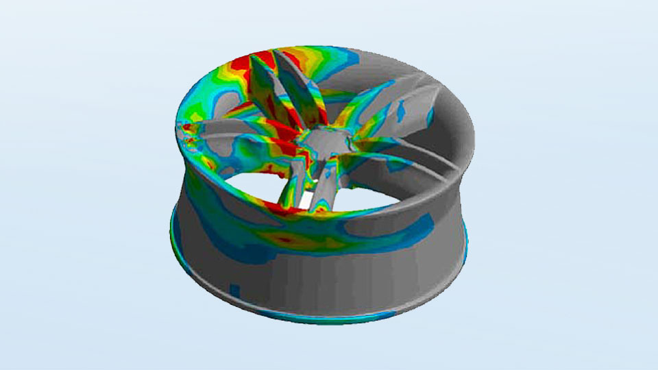 Computersimulation einer typischen strukturmechanischen Beanspruchung der Felge während eines Aufpralls mit Reifen.