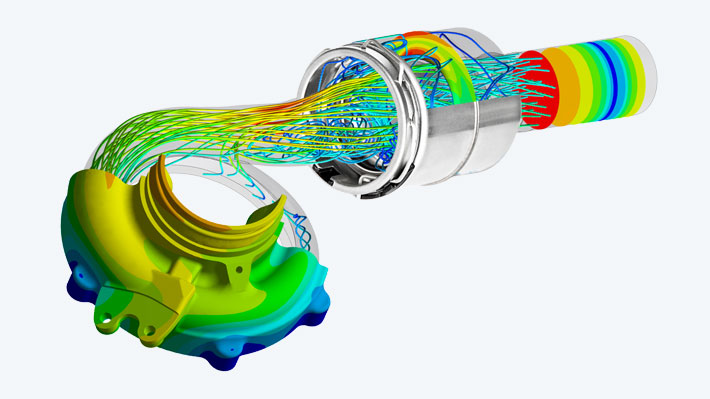 Composite image from fluid, structure and acoustic analyses of a muffler connected between a turbo charger and an automotive pipe.