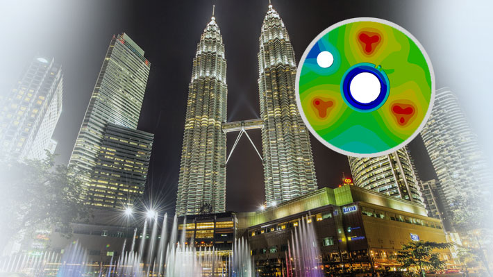 Illuminations by OASE in Kuala Lumpur. The installation is equipped with LED lights, multi-axis movable nozzles and dynamic pumps.